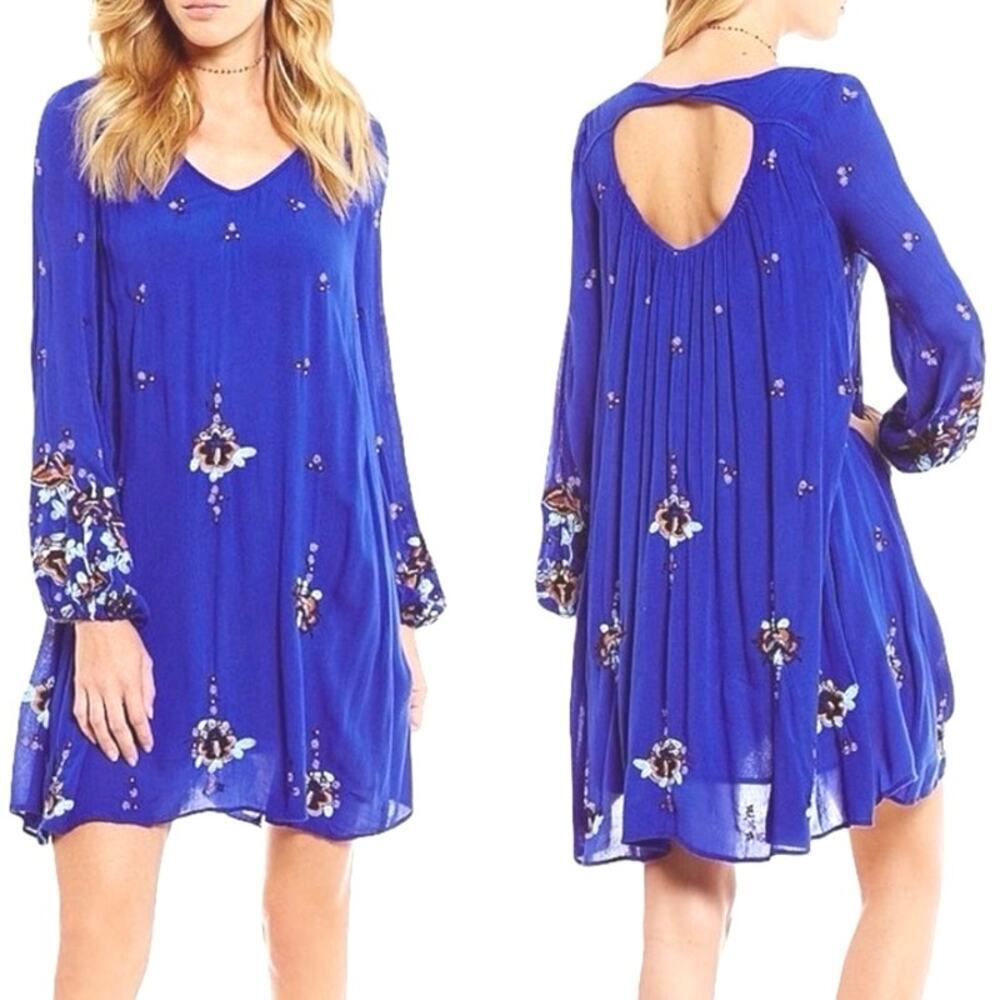 FREE PEOPLE Oxford Embroidered Tunic Dress Boho Floral Cobalt Blue - Sz Medium